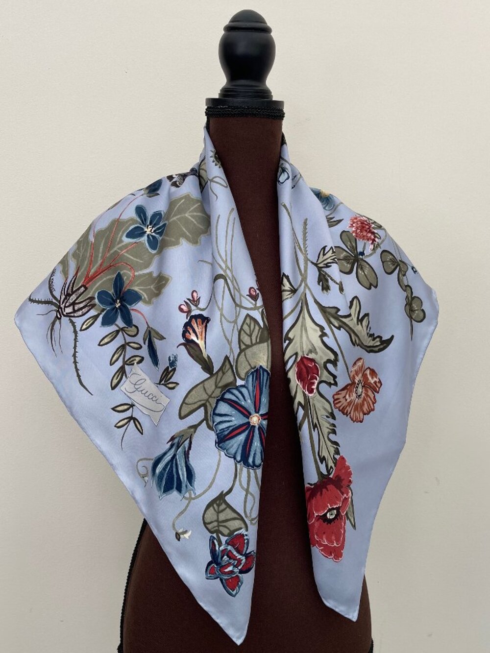 Display #3 Gucci Pale Blue Silk Scarf with Multicolor Floral Print NWT